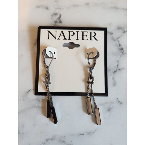 Napier Silver-Tone Dangle Earrings With Black Rectangular Accents - Picture 1 of 5